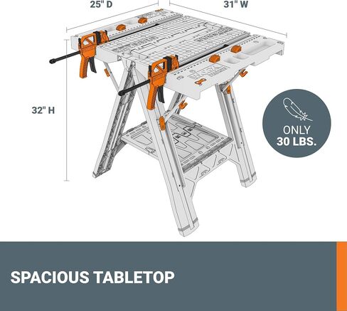 Worx Pegasus 2-in-1 Folding Work Table & Sawhorse, Easy Setup Portable Workbench, 31" W x 25" D x 32" H Lightweight Worktable with Heavy-Duty Load Capacity, WX051 - Includes 2 Clamps & 4 Clamp Dogs in Saudi Arabia
