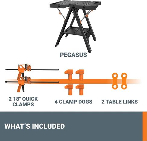 Worx Pegasus 2-in-1 Folding Work Table & Sawhorse, Easy Setup Portable Workbench, 31" W x 25" D x 32" H Lightweight Worktable with Heavy-Duty Load Capacity, WX051 - Includes 2 Clamps & 4 Clamp Dogs in Saudi Arabia
