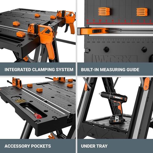 Worx Pegasus 2-in-1 Folding Work Table & Sawhorse, Easy Setup Portable Workbench, 31" W x 25" D x 32" H Lightweight Worktable with Heavy-Duty Load Capacity, WX051 - Includes 2 Clamps & 4 Clamp Dogs in Saudi Arabia