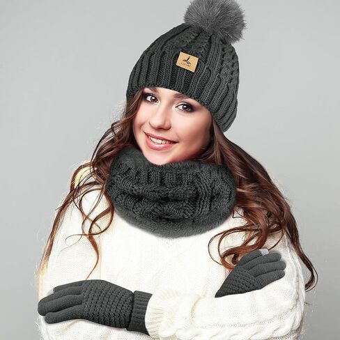 2 Set Winter Hat Scarf Gloves and Ear Warmer, Warm Knit Beanie Hat Touch Screen Gloves for Men Women in Kuwait