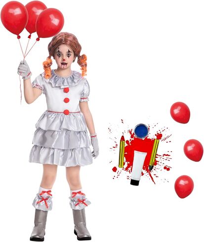Fooecor Clown Costume for Girls Halloween Scary Clown Costume Dress Up,Clown Makeup Kit Balloons Included in Saudi Arabia