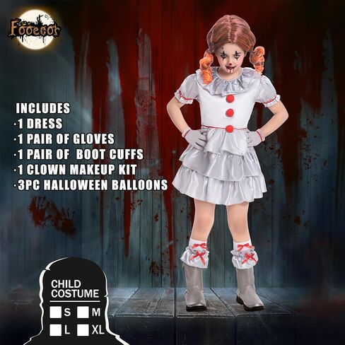 Fooecor Clown Costume for Girls Halloween Scary Clown Costume Dress Up,Clown Makeup Kit Balloons Included in Saudi Arabia