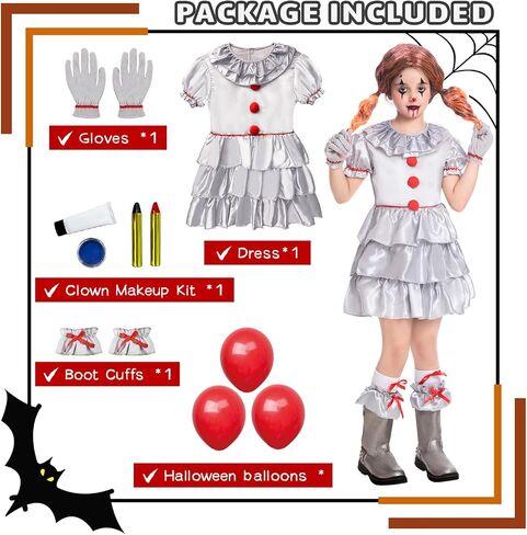Fooecor Clown Costume for Girls Halloween Scary Clown Costume Dress Up,Clown Makeup Kit Balloons Included in Saudi Arabia