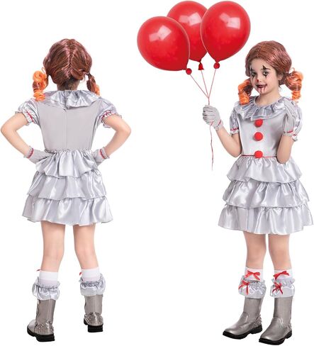Fooecor Clown Costume for Girls Halloween Scary Clown Costume Dress Up,Clown Makeup Kit Balloons Included in Saudi Arabia