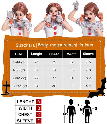Fooecor Clown Costume for Girls Halloween Scary Clown Costume Dress Up,Clown Makeup Kit Balloons Included in Saudi Arabia
