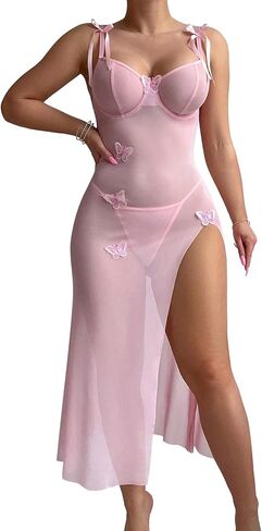 Sexy Butterfly Split Leg Underwire Sheer Mesh Maxi Lingerie Dress with Thong 2 Piece Set in Kuwait