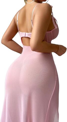 Sexy Butterfly Split Leg Underwire Sheer Mesh Maxi Lingerie Dress with Thong 2 Piece Set in Kuwait