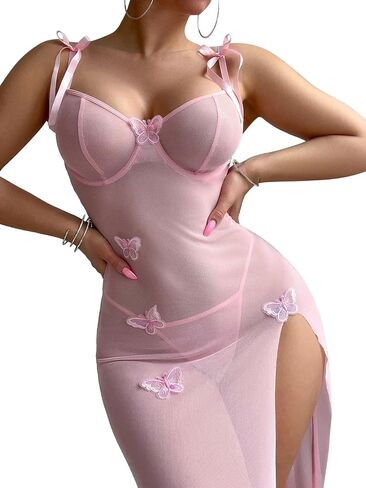 Sexy Butterfly Split Leg Underwire Sheer Mesh Maxi Lingerie Dress with Thong 2 Piece Set in Kuwait
