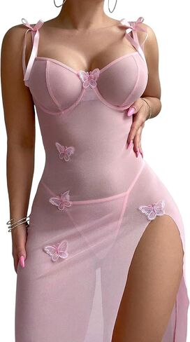 Sexy Butterfly Split Leg Underwire Sheer Mesh Maxi Lingerie Dress with Thong 2 Piece Set in Kuwait