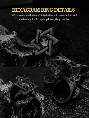 Star of David Ring for Men Women, 18K Gold/Black Stainless Steel Vintage CZ Signet Protection Amulet Rings, Size 7-14 in Kuwait