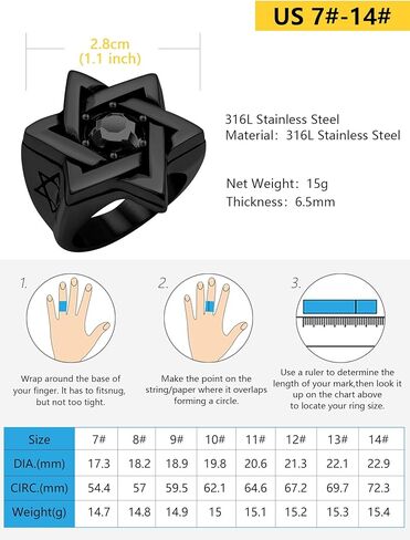 Star of David Ring for Men Women, 18K Gold/Black Stainless Steel Vintage CZ Signet Protection Amulet Rings, Size 7-14 in Kuwait