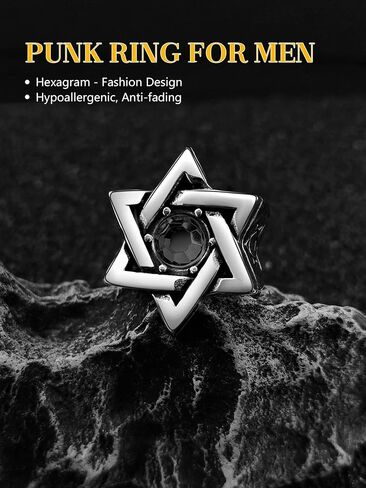 Star of David Ring for Men Women, 18K Gold/Black Stainless Steel Vintage CZ Signet Protection Amulet Rings, Size 7-14 in Kuwait