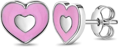 925 Sterling Silver Small Pink Enamel Heart Push Back Earrings For Little Girls - Adorable Heart-Shaped Butterfly Back Earrings For Young Girls - Pretty in Pink Heart Earrings for Girls in Saudi Arabia