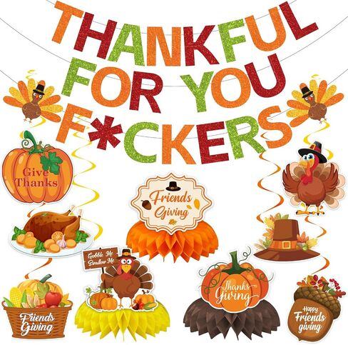 Thankful for You Banner Thanksgiving Party Decorations Include Colorful Funny Banner Hanging Swirls and Honeycomb Centerpiece for Fall Friendsgiving Thanksgiving Party Supplies in Saudi Arabia