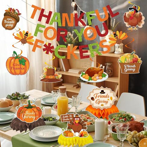 Thankful for You Banner Thanksgiving Party Decorations Include Colorful Funny Banner Hanging Swirls and Honeycomb Centerpiece for Fall Friendsgiving Thanksgiving Party Supplies in Saudi Arabia