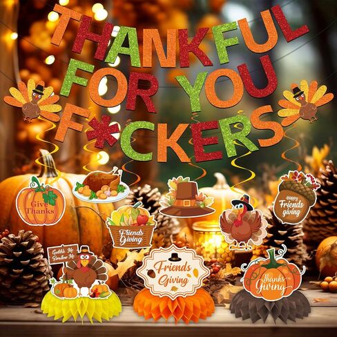 Thankful for You Banner Thanksgiving Party Decorations Include Colorful Funny Banner Hanging Swirls and Honeycomb Centerpiece for Fall Friendsgiving Thanksgiving Party Supplies in Saudi Arabia