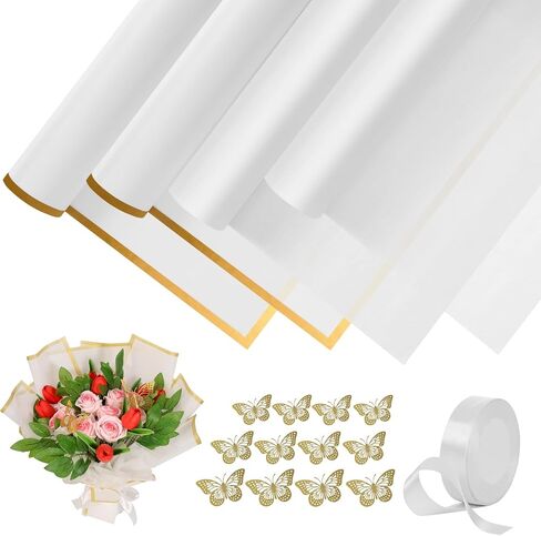 DESUNESS 60 Sheet Flower Wrapping Paper - Waterproof Floral Bouquet Wrapping Paper, Florist Supplies with 3D Gold Butterfly Decor, Ribbon for Wedding Birthday Gift DIY (White) in Saudi Arabia