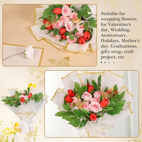 DESUNESS 60 Sheet Flower Wrapping Paper - Waterproof Floral Bouquet Wrapping Paper, Florist Supplies with 3D Gold Butterfly Decor, Ribbon for Wedding Birthday Gift DIY (White) in Saudi Arabia