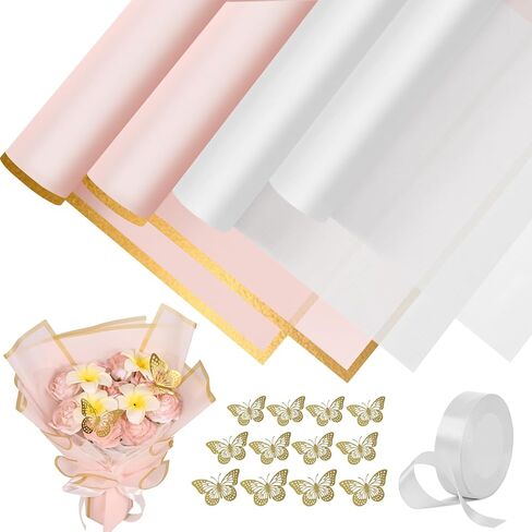 DESUNESS 60 Sheet Flower Wrapping Paper - Waterproof Floral Bouquet Wrapping Paper, Florist Supplies with 3D Gold Butterfly Decor, Ribbon for Wedding Birthday Gift DIY (White) in Saudi Arabia