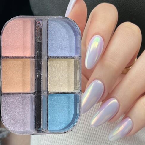 6 Grid Pearl Chrome Nail Powder, Iridescent Aurora Powder Metallic Mirror Effect Pigment Pearlescent Mermaid Pigment Pearl Glitter Dust Kit, Nail Art Decoration, Resin Craft (03_Moonlight) in Kuwait