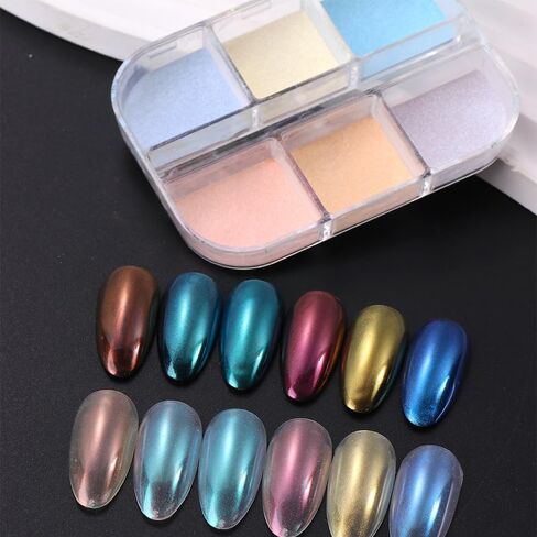 6 Grid Pearl Chrome Nail Powder, Iridescent Aurora Powder Metallic Mirror Effect Pigment Pearlescent Mermaid Pigment Pearl Glitter Dust Kit, Nail Art Decoration, Resin Craft (03_Moonlight) in Kuwait