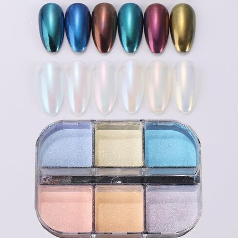 6 Grid Pearl Chrome Nail Powder, Iridescent Aurora Powder Metallic Mirror Effect Pigment Pearlescent Mermaid Pigment Pearl Glitter Dust Kit, Nail Art Decoration, Resin Craft (03_Moonlight) in Kuwait