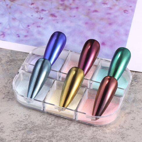 6 Grid Pearl Chrome Nail Powder, Iridescent Aurora Powder Metallic Mirror Effect Pigment Pearlescent Mermaid Pigment Pearl Glitter Dust Kit, Nail Art Decoration, Resin Craft (03_Moonlight) in Kuwait