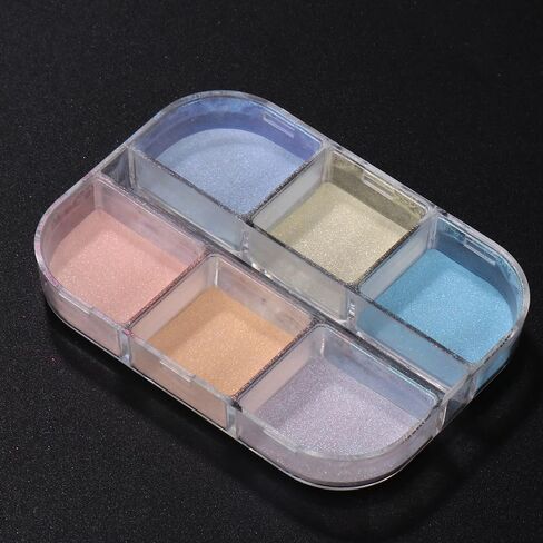 6 Grid Pearl Chrome Nail Powder, Iridescent Aurora Powder Metallic Mirror Effect Pigment Pearlescent Mermaid Pigment Pearl Glitter Dust Kit, Nail Art Decoration, Resin Craft (03_Moonlight) in Kuwait