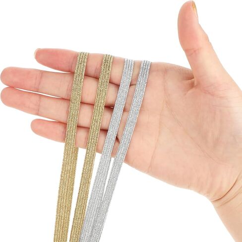 40 Yards Silver Gold Elastic Band for Sewing Glitter Metallic Flat Elastic Strap 1/4 Inch Width Glitter Braided Elastic Band Ribbon Elasticity Knit Cord for Sewing and Crafting in Saudi Arabia