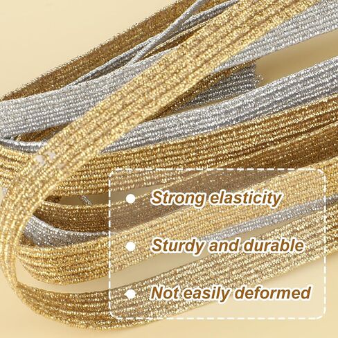 40 Yards Silver Gold Elastic Band for Sewing Glitter Metallic Flat Elastic Strap 1/4 Inch Width Glitter Braided Elastic Band Ribbon Elasticity Knit Cord for Sewing and Crafting in Saudi Arabia