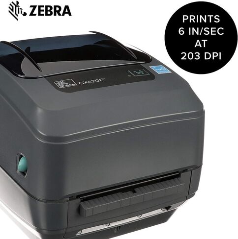 Zebra - طابعة سطح المكتب للنقل الحراري GX420t للملصقات والإيصالات والرموز الشريطية والعلامات - عرض الطباعة 4 بوصات - اتصال USB والتسلسلي ومنفذ Ethernet (يتضمن مقشرة) - GX42-102411-000 (متجدد) in Saudi Arabia