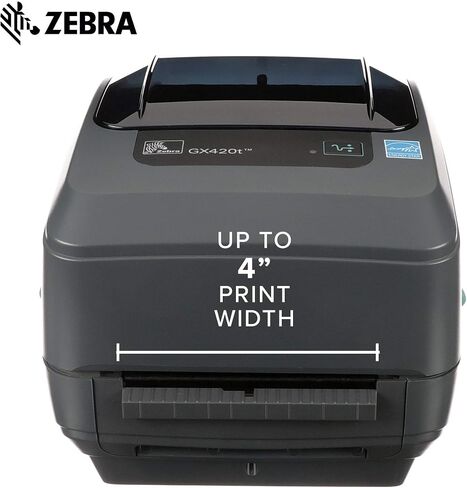 Zebra - طابعة سطح المكتب للنقل الحراري GX420t للملصقات والإيصالات والرموز الشريطية والعلامات - عرض الطباعة 4 بوصات - اتصال USB والتسلسلي ومنفذ Ethernet (يتضمن مقشرة) - GX42-102411-000 (متجدد) in Saudi Arabia