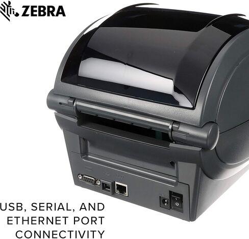 Zebra - طابعة سطح المكتب للنقل الحراري GX420t للملصقات والإيصالات والرموز الشريطية والعلامات - عرض الطباعة 4 بوصات - اتصال USB والتسلسلي ومنفذ Ethernet (يتضمن مقشرة) - GX42-102411-000 (متجدد) in Saudi Arabia