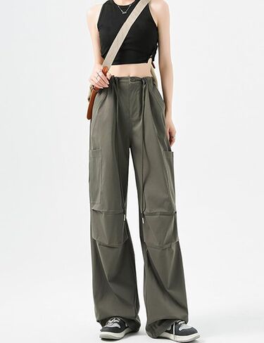 Parachute Pants for Women Y2K Wide Leg Drawstring Elastic Waist Baggy Pants Fit Cargo Flowy Pants in Saudi Arabia