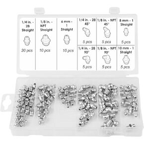110 pcs Grease Fittings Kit SAE Hydraulic Grease Zerk Assortment: 1/4" 1/8" Straight 45 90 Degree Angled Zerk Fittings Zinc Plated Steel Set