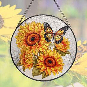 Tree of Life Stained Glass Suncatcher Window Hanging, Sunflower Life Tree Stained Glass Panel, 9.8'' Hand-Painted Suncatchers for Windows Hanging for Women