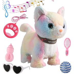 Gray Walking Cat Set Singing That Purrs and Meows Animated Plush Robot Kitten with Leash Moving Plush Stuffed Animal Remote Control Cute Kawai Robotic Kitty Electronic Kitten Toy for Girl Kid