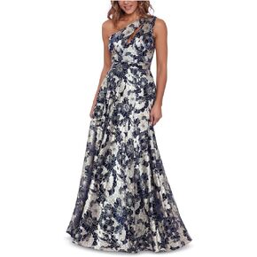 Betsy & Adam Women's Long Sleeveless One Shoulder Metallic Print Gown