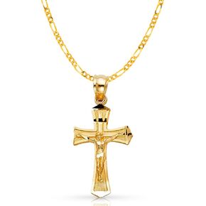 14K Yellow Gold Jesus Crucifix Cross Pendant with 1.9mm Figaro 3+1 Chain Necklace