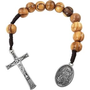 TALISMAN4U Saint Michael Guardian Angel Medal One Decade Prayer Pocket Rosary 10mm Olive Wood Beads Open Style Wooden Tenner Rosaries Handmade Catholic Gift Linen Rosary Pouch