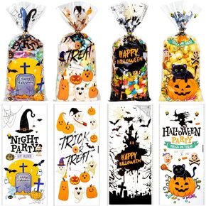 RICEDUO Halloween Cellophane Treat Bags, Halloween Trick or Treat Goody Gags 100pcs with Twists for Snacks Cookies Packing, Goodie Bags Halloween Party Supplies