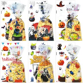 Lanfixilly Halloween Cellophane Treat Bags, 150 PCS Halloween Candy Bags, Halloween Treat Bags, 6 Styles Halloween Goodie Bags Gifts Bags with Twist Ties for Trick or Treat Party Favors Supplies