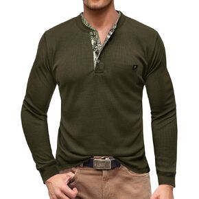 Men's Long Sleeve Waffle Henley Shirt Vintage Button T-Shirt with Pocket S-3XL