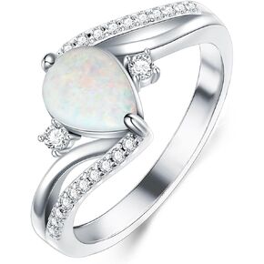 White Opal Engagement Rings for Women 925 Sterling Silver with Teardrop Synthetic Gemstones Dainty CZ Ring Jewelry for Promis Weddings