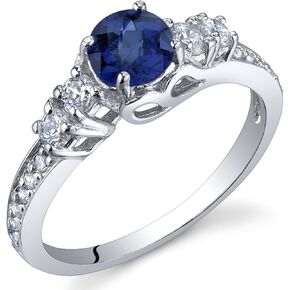 PEORA Created Blue Sapphire Women Ring 925 Sterling Silver, Enchanting Solstice Design, 0.75 Carat Round 5mm Sizes 5 to 9