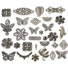 100g Antique Bronze Filigree Connectors Charms Pendants Findings Iron Metal Embellishments for DIY Hairpin Headwear Earring Jewelry Making, Nickel Free