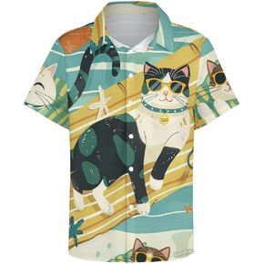 Cute Cat Mens Hawaiian Shirts Funny Cat Print Short Sleeve Aloha Beach Shirt Summer Button Down Shirt