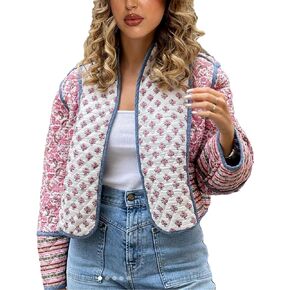 HangNiFang Women's Cropped Puffer Quilted Jacket Oversized Floral Printed Cardigan Winter Coat