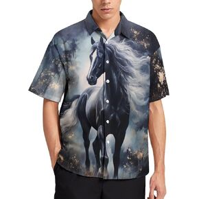 Men's Horse Graphic Button Down Shirts Novelty 3D Print Animal Pocket Short Sleeve Shirt