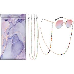 Fintie Eyeglasses Pouch with Cleaning Cloth, Lilac Marble + 3 Pcs Eyeglasses Chains